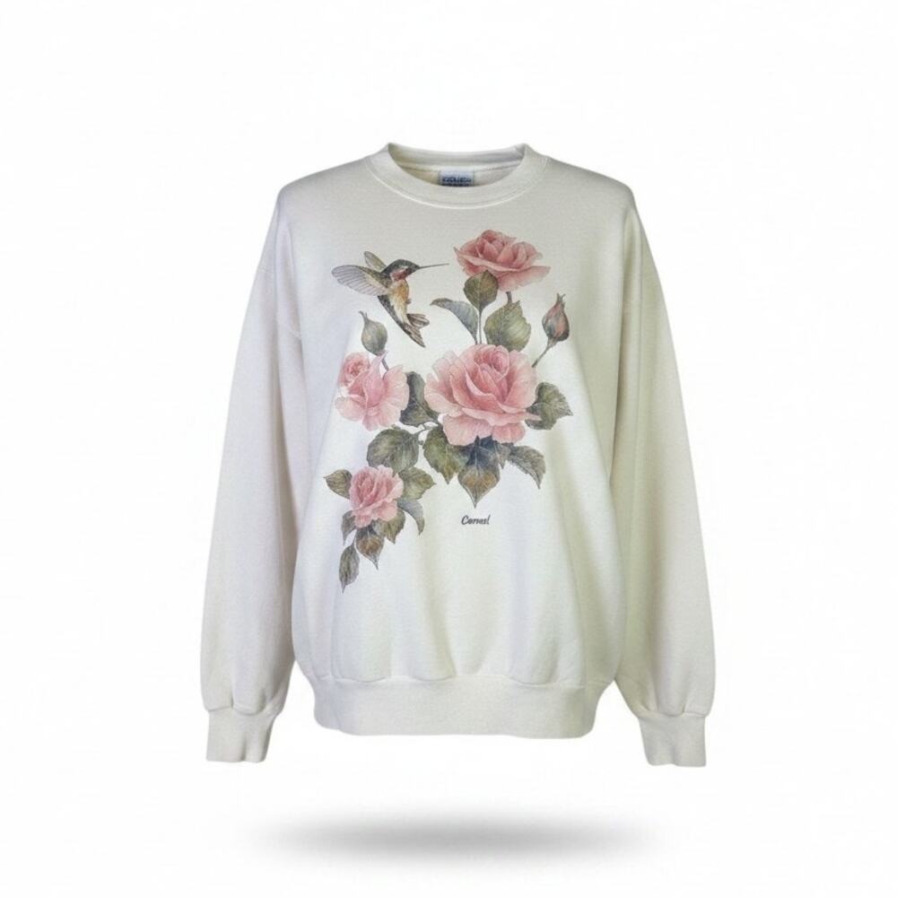 Vintage 90s Hummingbird Rose Sweatshirt Hanes Floral Cottagecore Crewneck